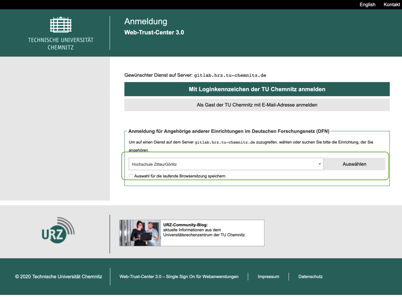 Screenshot Anmeldeseite TU Chemnitz