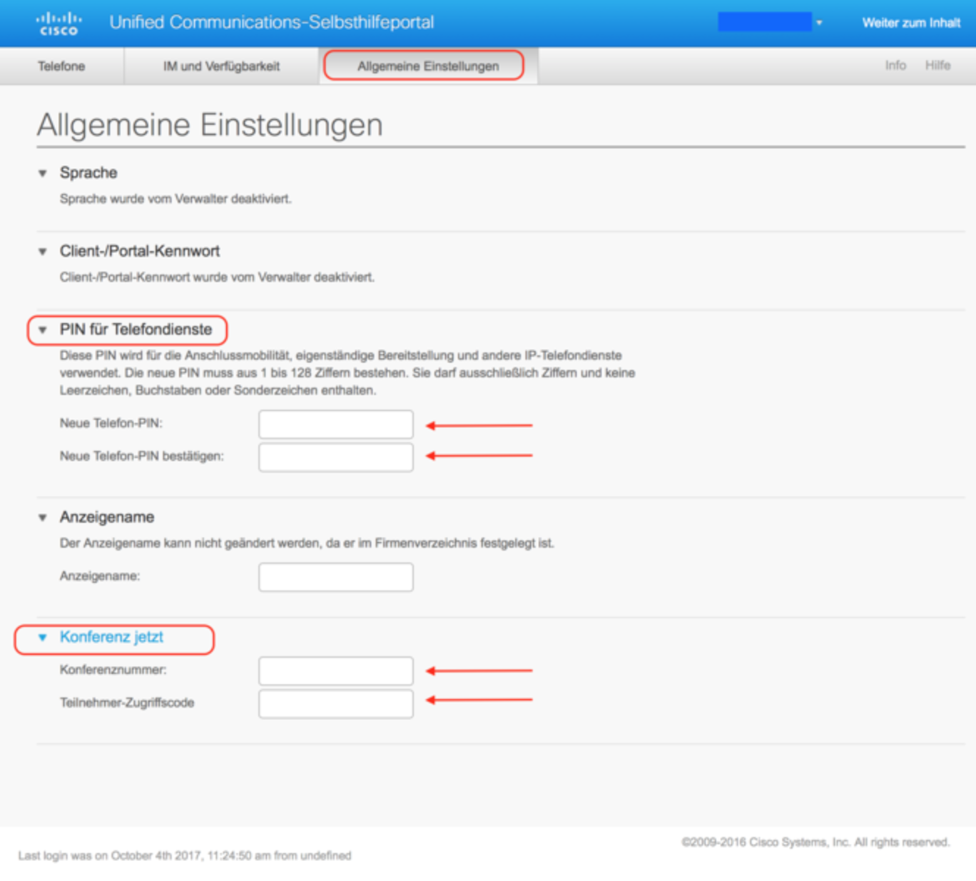 Screenshot Teilnehmer-Zugriffscode und PIN im Cisco Selbsthilfeportal setzen 